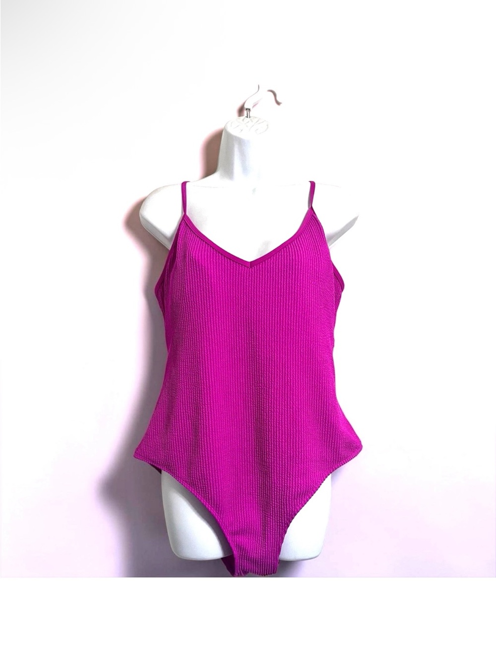 No Boundaries FUCHSIA Ribbed V-Neck STRING STRAPS SWIMSUIT